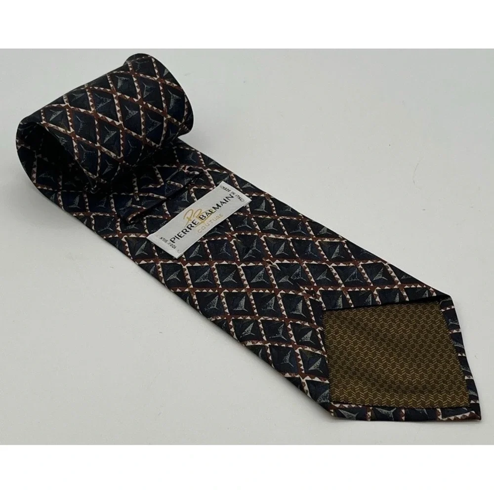 PIERRE BALMAIN Couture Tie‎ Mens OS Navy Blue Brown Geometric Silk Made in Italy